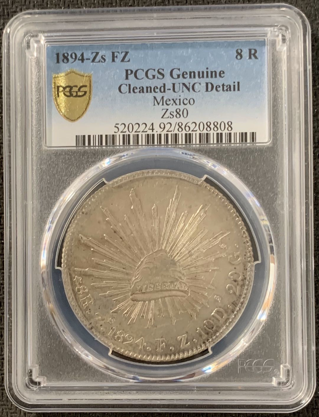 紫瑗钱币—微拍第15期 墨西哥 鹰洋专场 墨西哥 1894年 ZS FZ 8里亚尔 PCGS UNC Detail