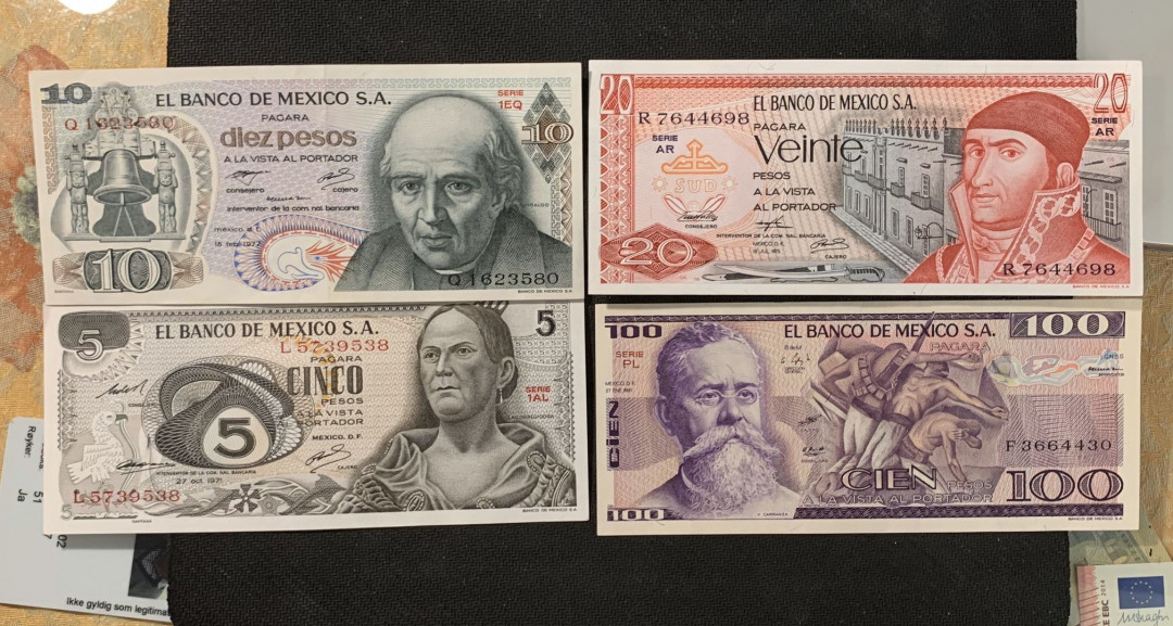 紫瑗钱币—微拍第15期 墨西哥 鹰洋专场 墨西哥 早期 5 10 20 100比索 4枚一套 UNC