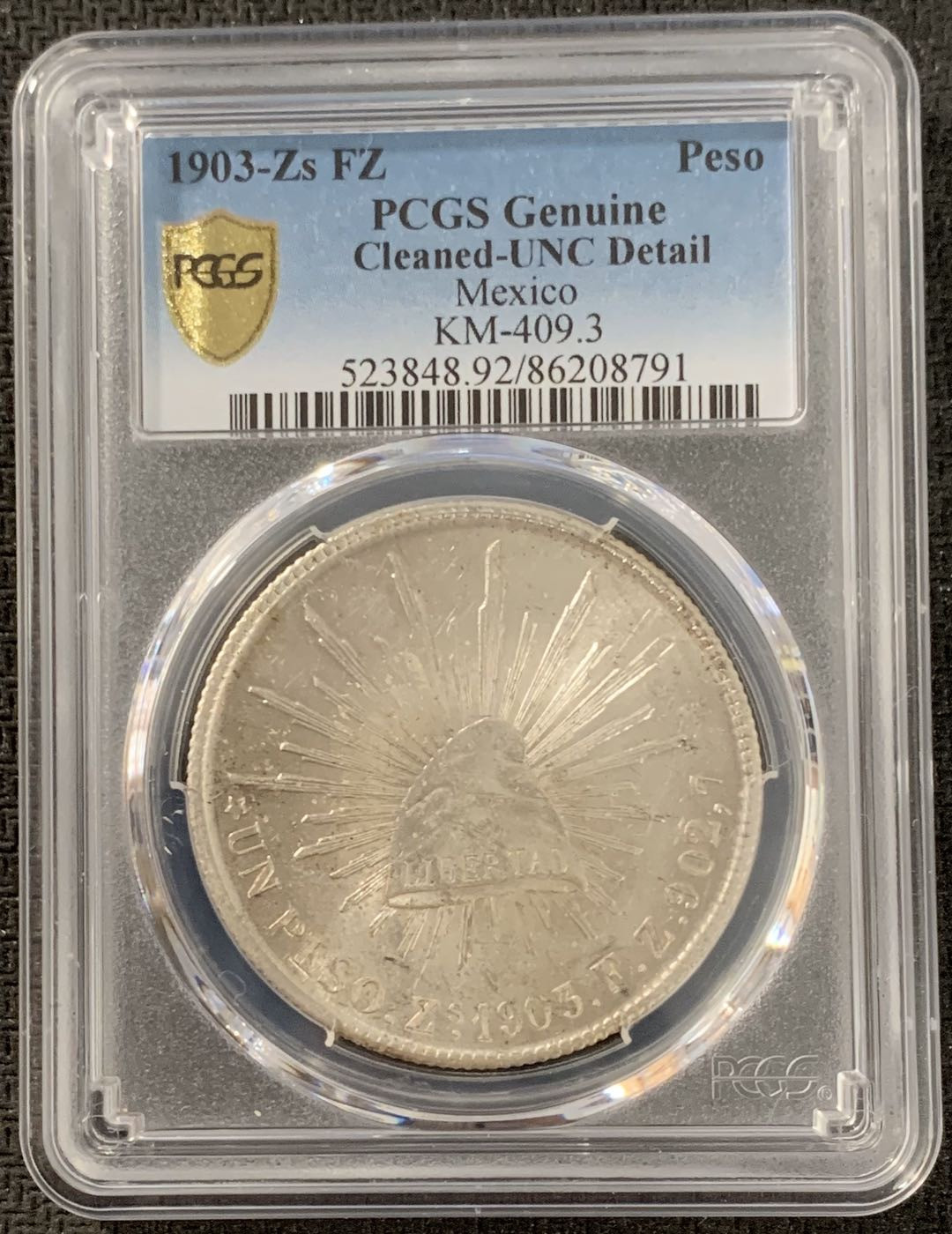 紫瑗钱币—微拍第15期 墨西哥 鹰洋专场 墨西哥 1903年 ZS FZ 1比索 PCGS UNC Detail