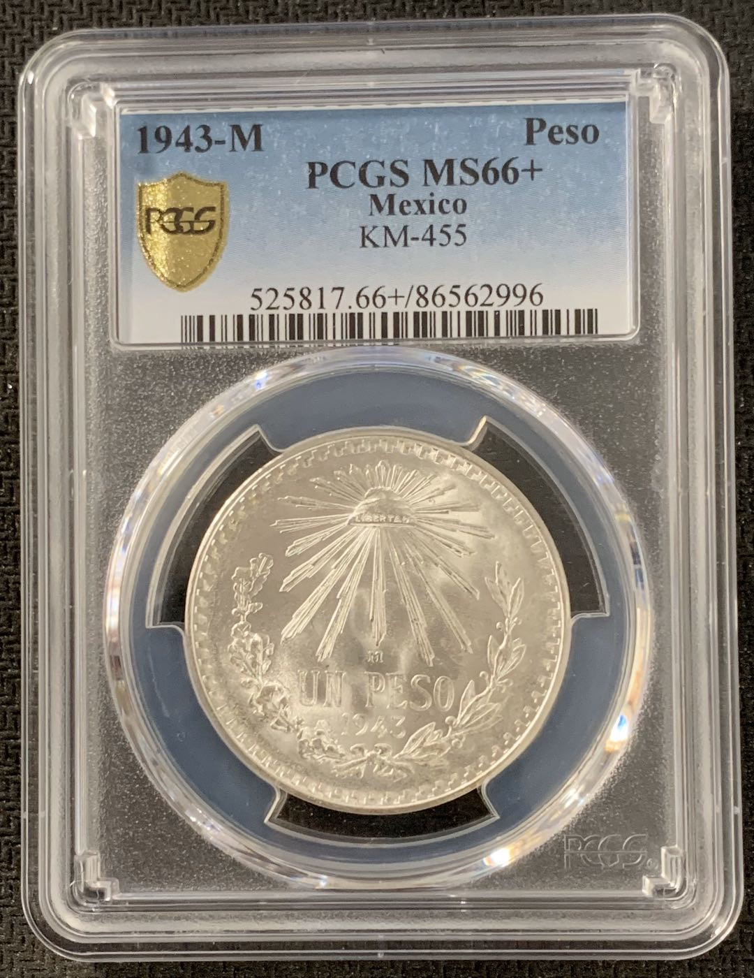 紫瑗钱币—微拍第15期 墨西哥 鹰洋专场 墨西哥 1943年 鹰洋 1比索 16.6克 PCGS MS66+