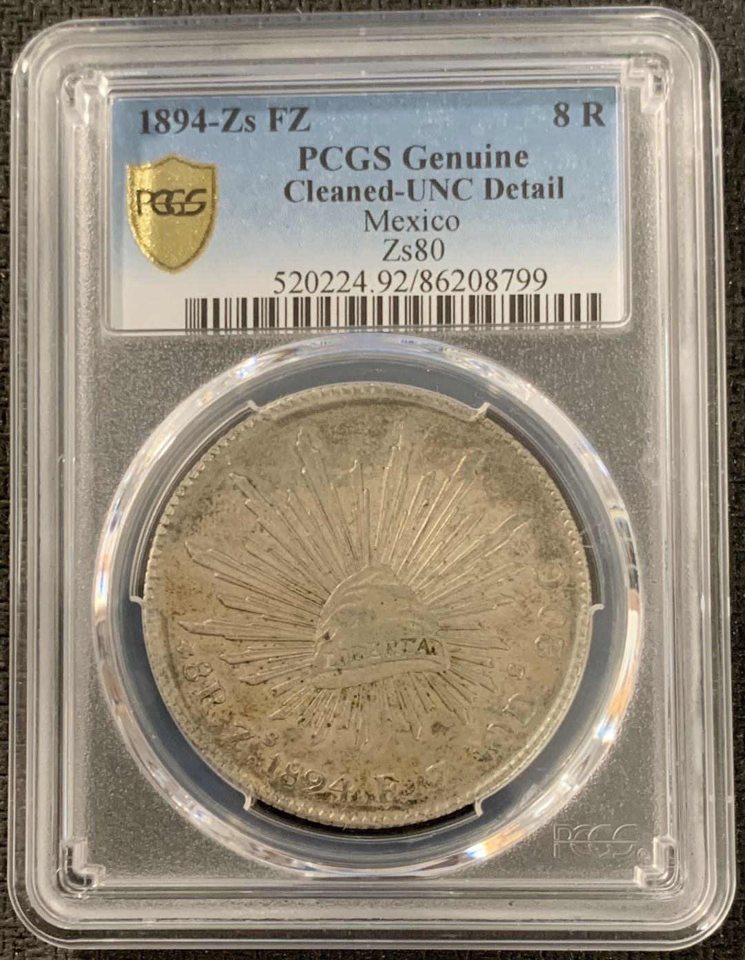 紫瑗钱币—微拍第15期 墨西哥 鹰洋专场 墨西哥 1894年 ZS FZ 8里亚尔 PCGS UNC Detail