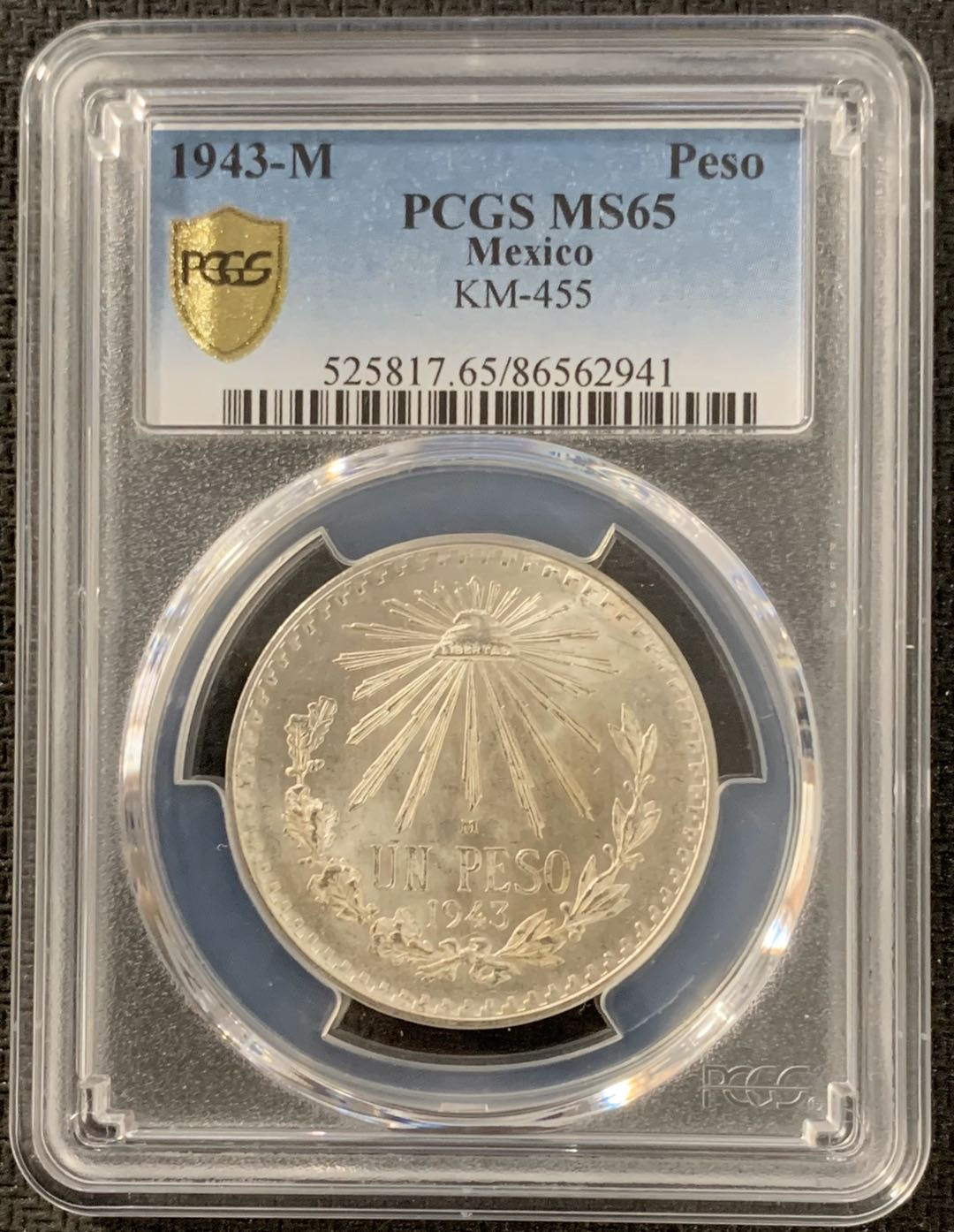 紫瑗钱币—微拍第15期 墨西哥 鹰洋专场 墨西哥 1943年 鹰洋 1比索 16.6克 PCGS MS65