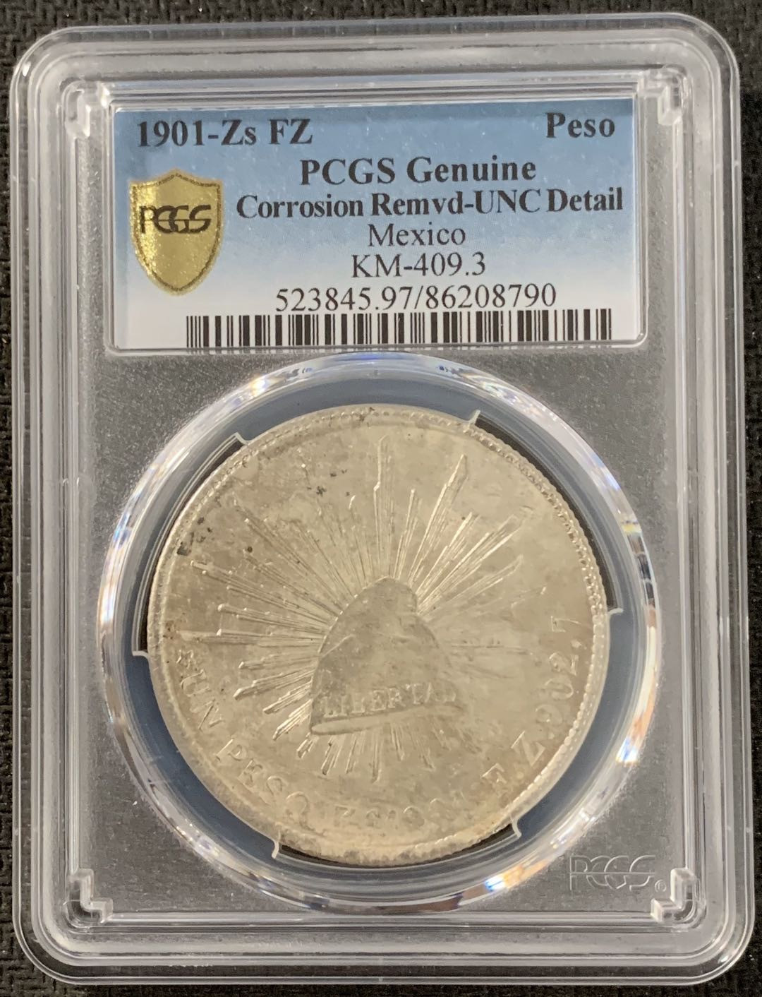 紫瑗钱币—微拍第15期 墨西哥 鹰洋专场 墨西哥 1901年 ZS FZ 1比索 PCGS UNC Detail