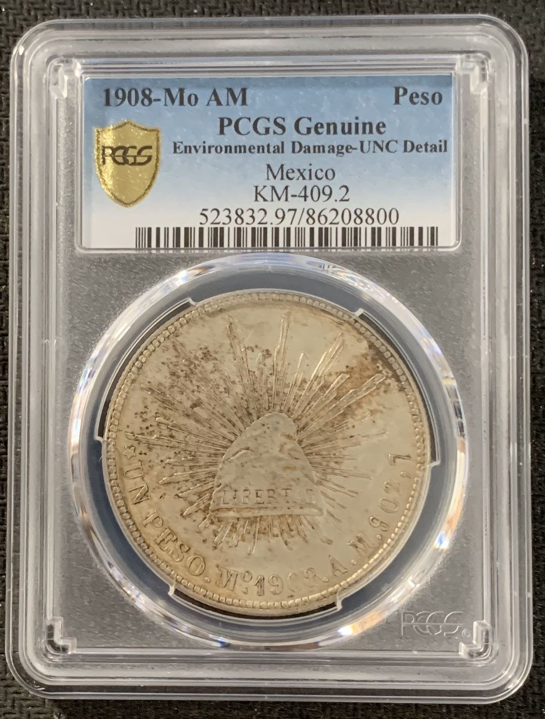 紫瑗钱币—微拍第15期 墨西哥 鹰洋专场 墨西哥 1908年 MO AM 1比索 PCGS UNC Detail
