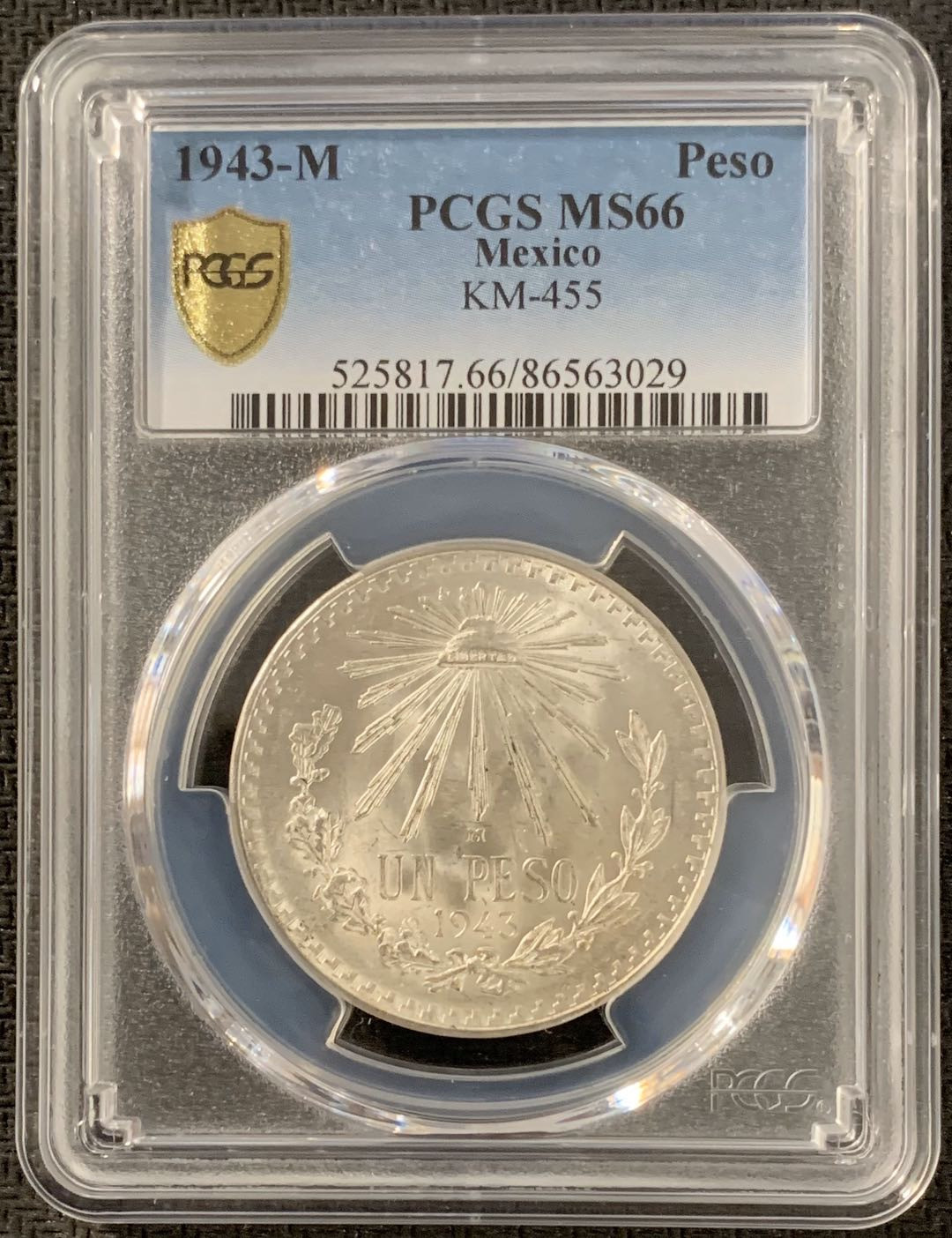 紫瑗钱币—微拍第15期 墨西哥 鹰洋专场 墨西哥 1943年 鹰洋 1比索 16.6克 PCGS MS66