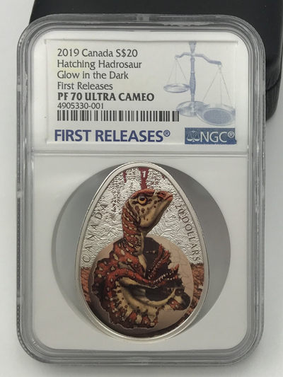 【随心拍&Getcoins】现代钱币拍卖第四十四期 加拿大2019年恐龙蛋系列孵化的鸭嘴龙夜光银币NGC70首期蓝标