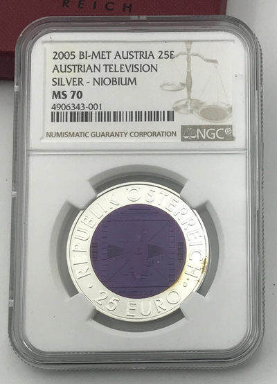 【随心拍&Getcoins】现代钱币拍卖第四十四期 奥地利2005年电视机发明50周年银铌双金属25欧元币NGC70