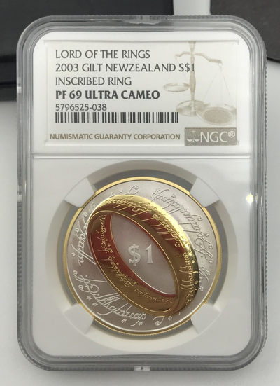 【随心拍&Getcoins】现代钱币拍卖第四十四期 获奖币新西兰2003年指环王镀金精制纪念银币原盒证NGC69