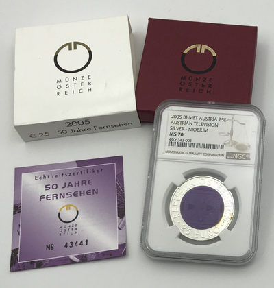 【随心拍&Getcoins】现代钱币拍卖第四十四期 奥地利2005年电视机发明50周年银铌双金属25欧元币NGC70