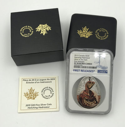 【随心拍&Getcoins】现代钱币拍卖第四十四期 加拿大2019年恐龙蛋系列孵化的鸭嘴龙夜光银币NGC70首期蓝标