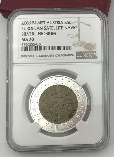 【随心拍&Getcoins】现代钱币拍卖第四十四期 2006年奥地利发行欧洲卫星导航25欧元银铌双金属币NGC70