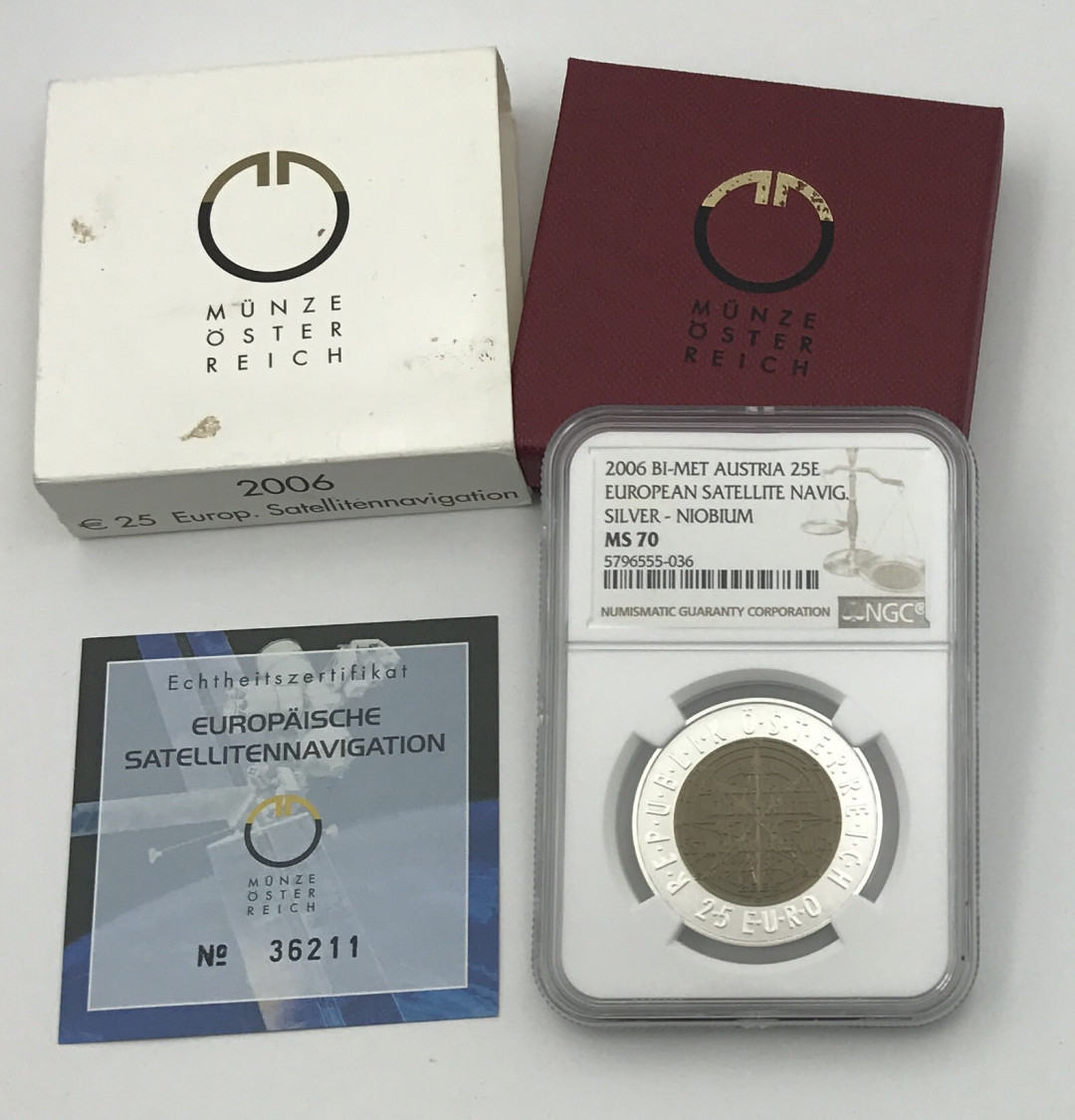 【随心拍&Getcoins】现代钱币拍卖第四十四期 2006年奥地利发行欧洲卫星导航25欧元银铌双金属币NGC70