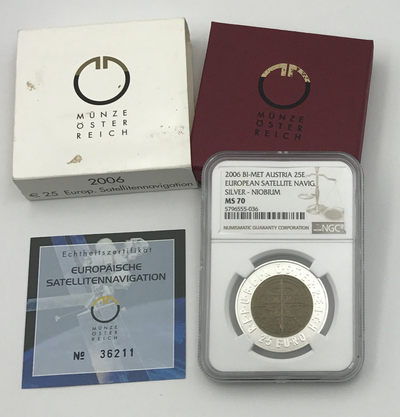 【随心拍&Getcoins】现代钱币拍卖第四十四期 2006年奥地利发行欧洲卫星导航25欧元银铌双金属币NGC70