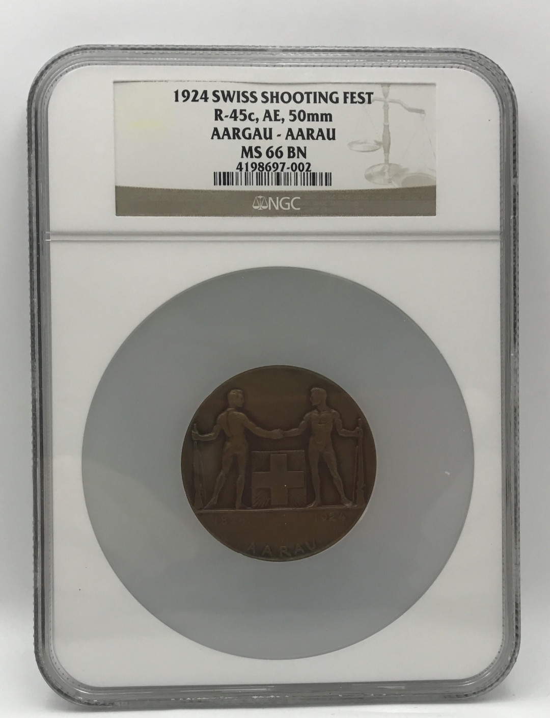 【随心拍&Getcoins】现代钱币拍卖第四十四期 1924年瑞士射击节铜币50毫米NGC66（原盒冠军分）