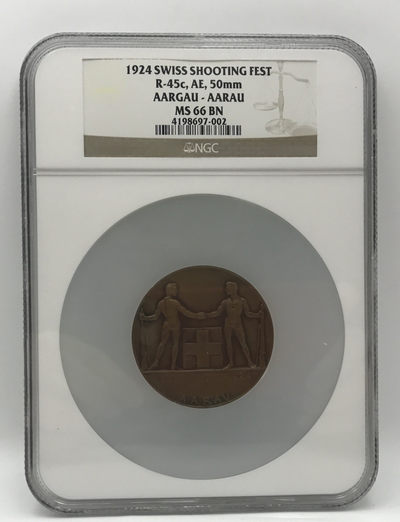 【随心拍&Getcoins】现代钱币拍卖第四十四期 - 1924年瑞士射击节铜币50毫米NGC66（原盒冠军分）
