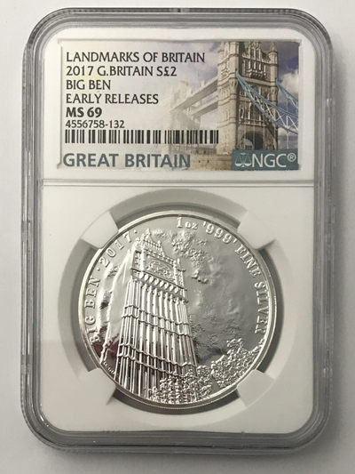 【随心拍&Getcoins】现代钱币拍卖第四十四期 2017年英国发行地标建筑系列大本钟2英镑投资银币NGC69