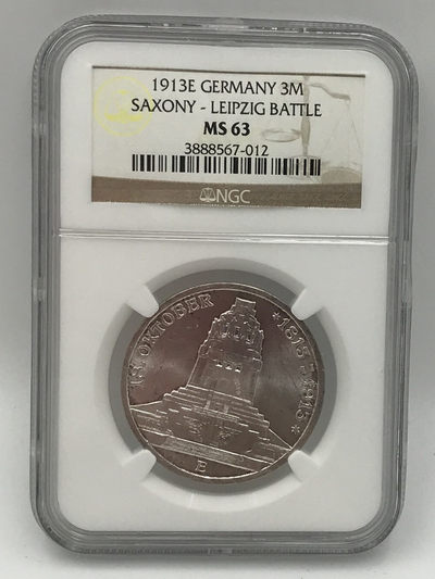 【随心拍&Getcoins】现代钱币拍卖第四十四期 德国萨克森1913年3马克建功碑纪念银币NGC63