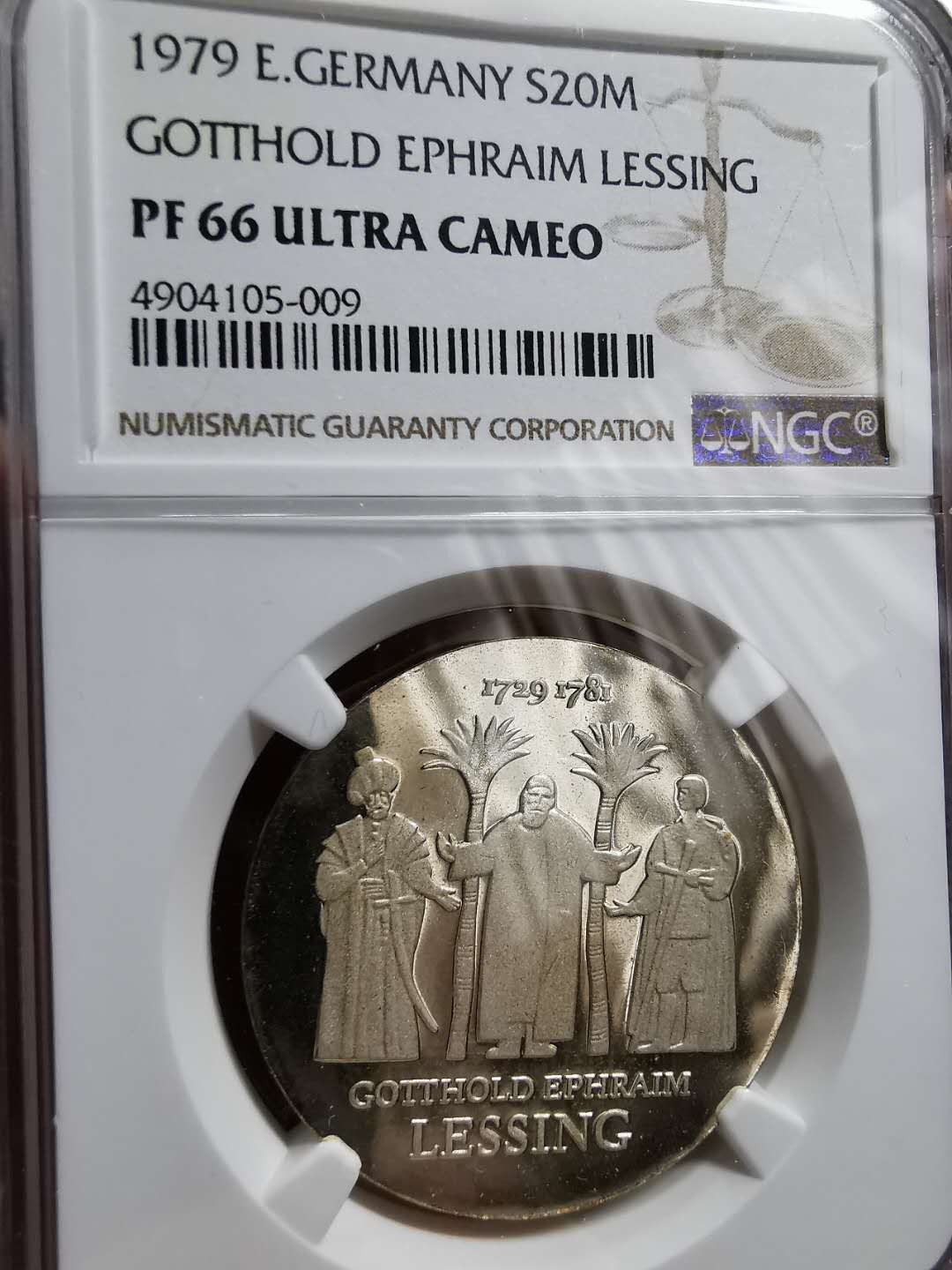 凡希社世界钱币微拍第一百零八期 1979东德莱辛诞辰150周年20马克精铸NGC-PF66UC