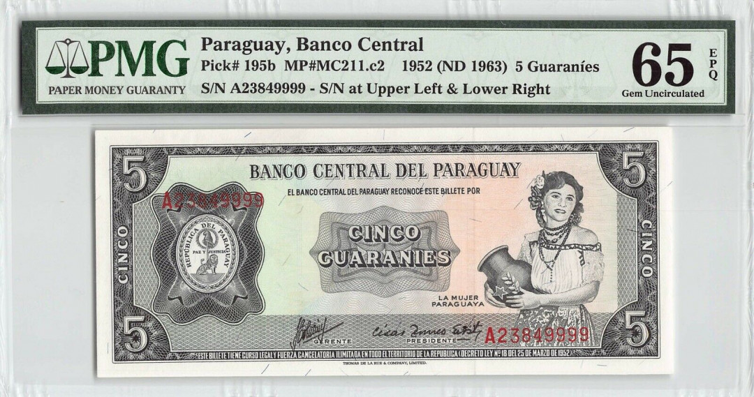 【收藏联盟】第115期拍卖（2020新年第一拍）——黑美人 【9999狮子号】巴拉圭1952年5瓜拉尼 PMG65EPQ 绝品 抱瓶女 该号码难得