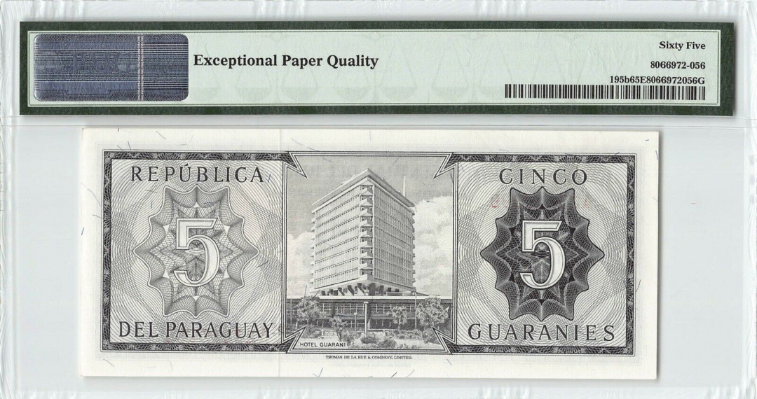 【收藏联盟】第115期拍卖（2020新年第一拍）——黑美人 【9999狮子号】巴拉圭1952年5瓜拉尼 PMG65EPQ 绝品 抱瓶女 该号码难得