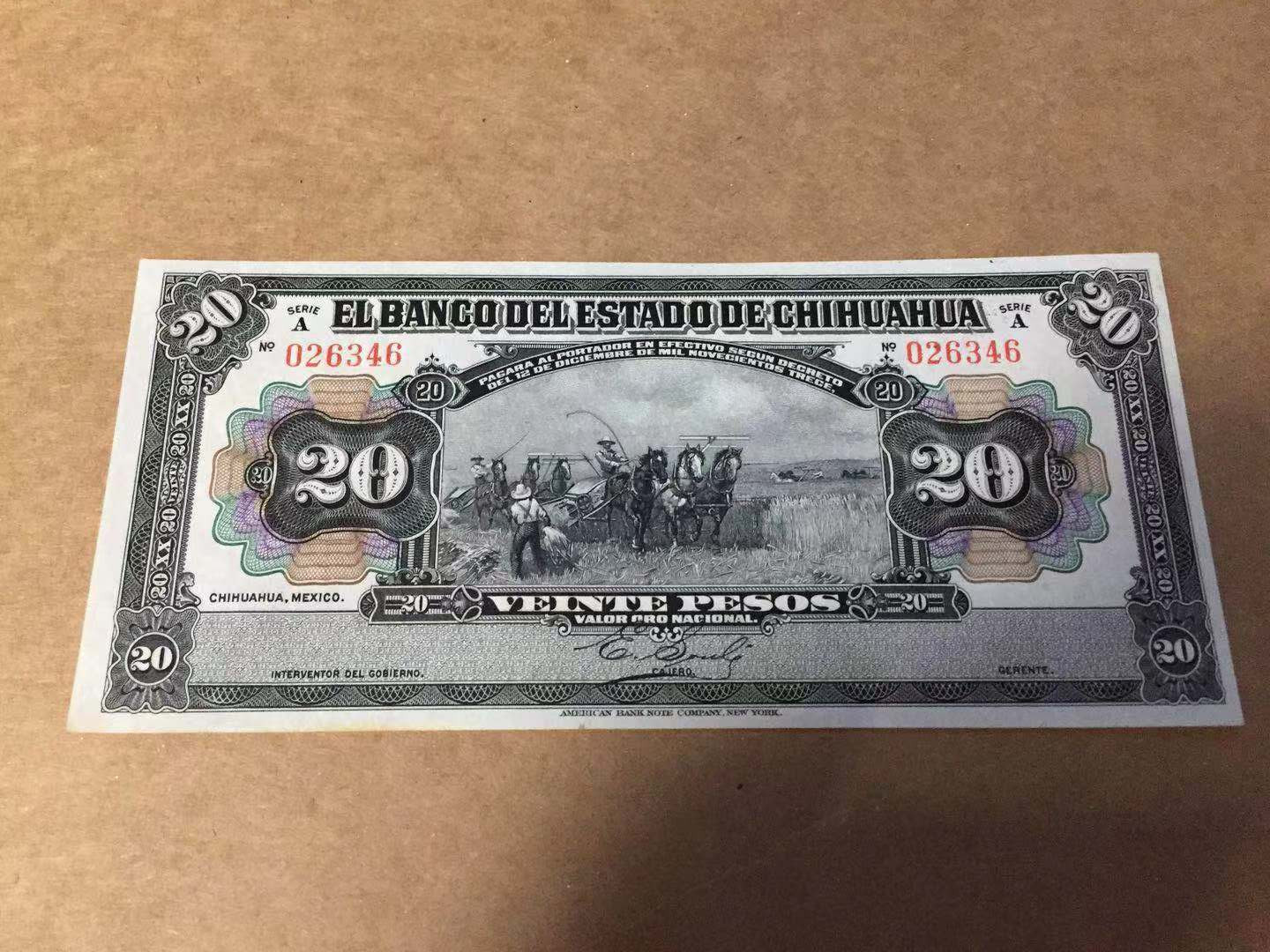 【收藏联盟】第115期拍卖（2020新年第一拍）——黑美人 【一组3张】墨西哥 1913年5-10-20比索 奇瓦瓦州 100多年前纸币 美钞公司出品 雕刻非常精美 较稀少 全新UNC （20比索UNC-）