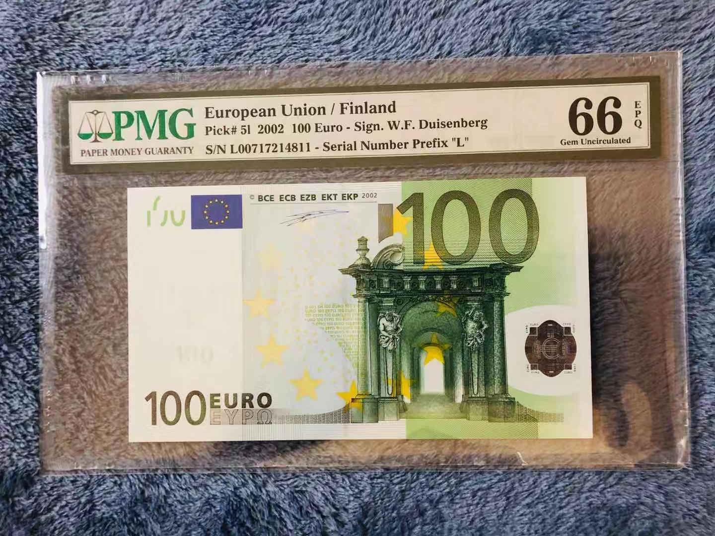 【收藏联盟】第115期拍卖（2020新年第一拍）——黑美人 欧盟 2002年 100欧元 首签 芬兰冠 PMG66EPQ 