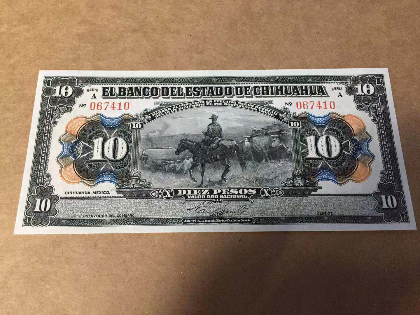 【收藏联盟】第115期拍卖（2020新年第一拍）——黑美人 【一组3张】墨西哥 1913年5-10-20比索 奇瓦瓦州 100多年前纸币 美钞公司出品 雕刻非常精美 较稀少 全新UNC （20比索UNC-）