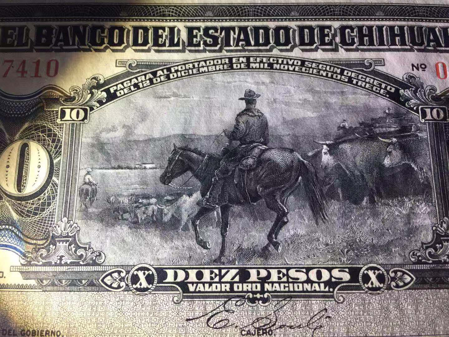 【收藏联盟】第115期拍卖（2020新年第一拍）——黑美人 【一组3张】墨西哥 1913年5-10-20比索 奇瓦瓦州 100多年前纸币 美钞公司出品 雕刻非常精美 较稀少 全新UNC （20比索UNC-）