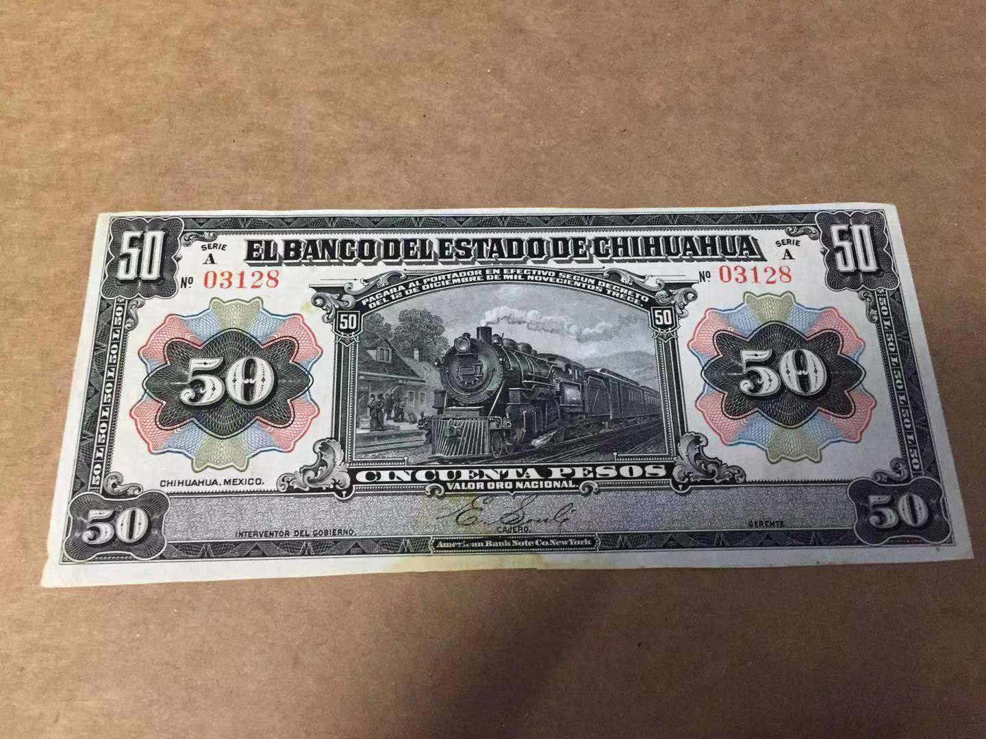 【收藏联盟】第115期拍卖（2020新年第一拍）——黑美人 墨西哥 1913年50比索 奇瓦瓦州 100多年前纸币 美钞公司出品 雕刻非常精美 该高面值非常少见 XF品相 目录价85美金 大火车