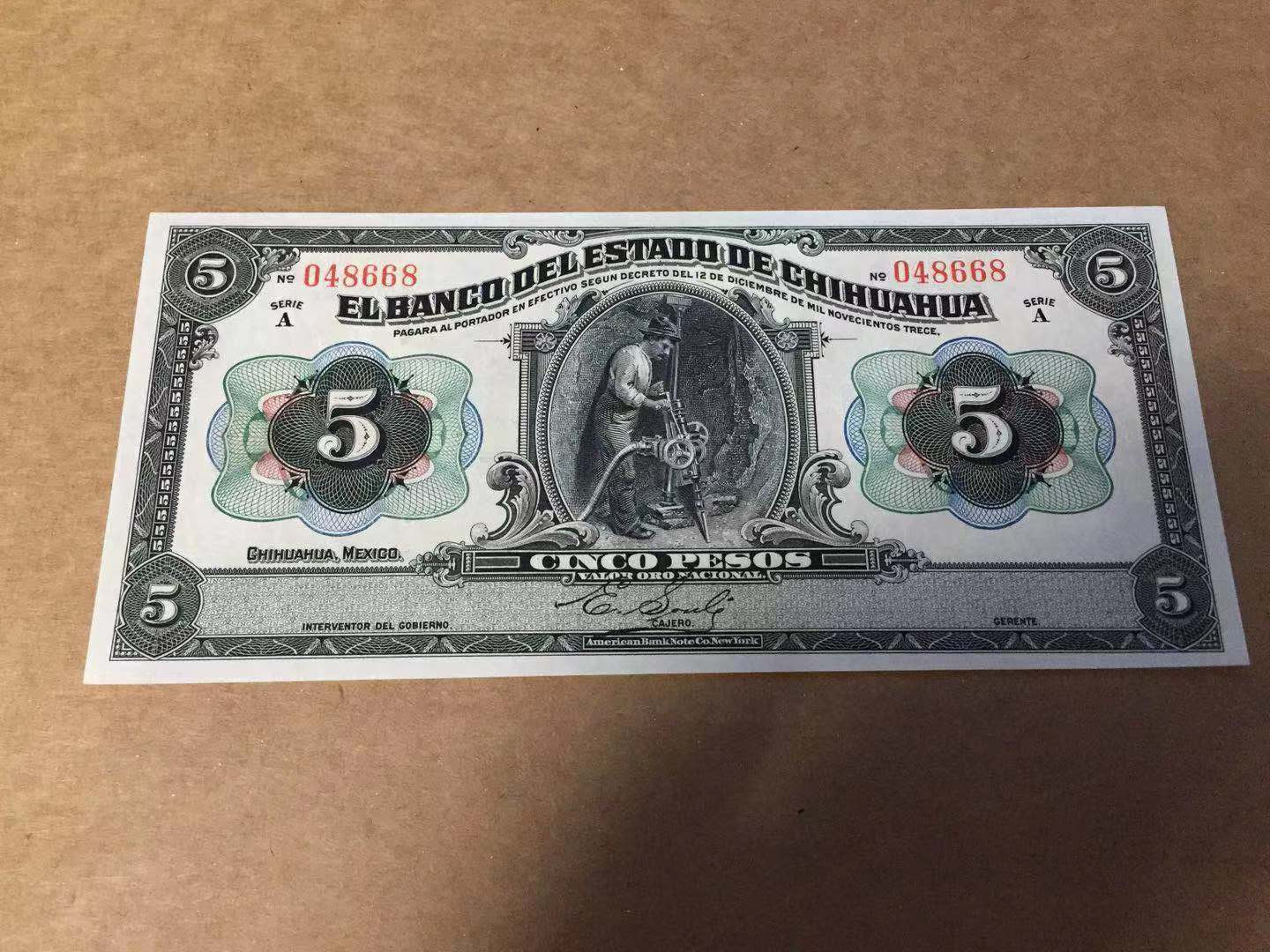 【收藏联盟】第115期拍卖（2020新年第一拍）——黑美人 【一组3张】墨西哥 1913年5-10-20比索 奇瓦瓦州 100多年前纸币 美钞公司出品 雕刻非常精美 较稀少 全新UNC （20比索UNC-）