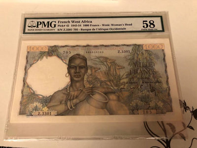 【收藏联盟】第115期拍卖（2020新年第一拍）——黑美人 - 法属西非 1945-54年 1000法郎 p42 PMG58 稀少