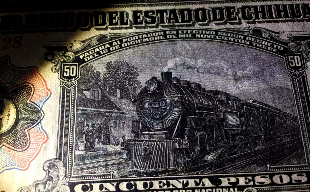 【收藏联盟】第115期拍卖（2020新年第一拍）——黑美人 墨西哥 1913年50比索 奇瓦瓦州 100多年前纸币 美钞公司出品 雕刻非常精美 该高面值非常少见 XF品相 目录价85美金 大火车