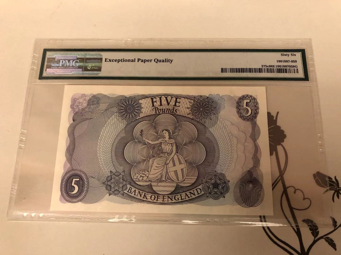 【收藏联盟】第115期拍卖（2020新年第一拍）——黑美人 英国C序列 1970-71年 5镑 PMG66EPQ  page签名 女王纸币 不列颠尼亚女神
