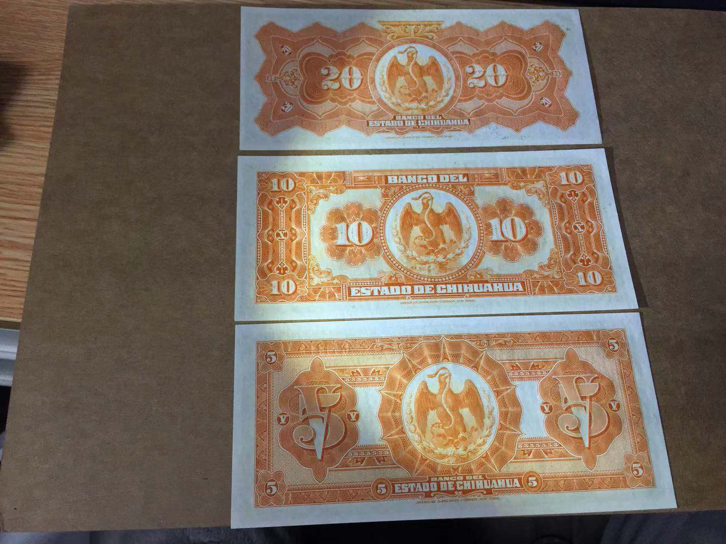 【收藏联盟】第115期拍卖（2020新年第一拍）——黑美人 【一组3张】墨西哥 1913年5-10-20比索 奇瓦瓦州 100多年前纸币 美钞公司出品 雕刻非常精美 较稀少 全新UNC （20比索UNC-）