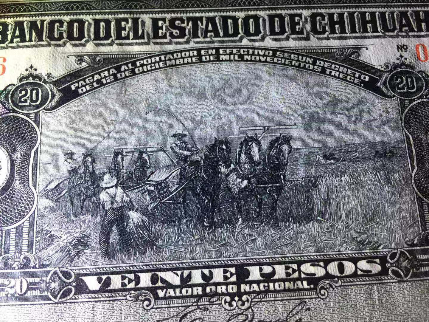 【收藏联盟】第115期拍卖（2020新年第一拍）——黑美人 【一组3张】墨西哥 1913年5-10-20比索 奇瓦瓦州 100多年前纸币 美钞公司出品 雕刻非常精美 较稀少 全新UNC （20比索UNC-）