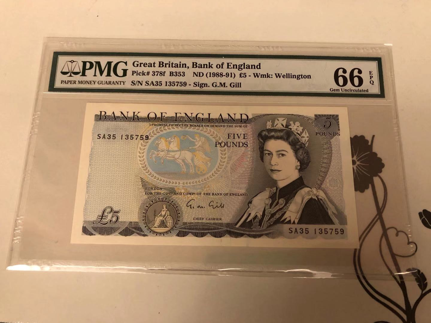 【收藏联盟】第115期拍卖（2020新年第一拍）——黑美人 英国 D序列 1988-91年 5镑 PMG66EPQ  Gill签名