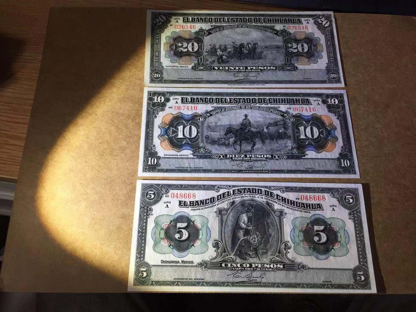 【收藏联盟】第115期拍卖（2020新年第一拍）——黑美人 【一组3张】墨西哥 1913年5-10-20比索 奇瓦瓦州 100多年前纸币 美钞公司出品 雕刻非常精美 较稀少 全新UNC （20比索UNC-）