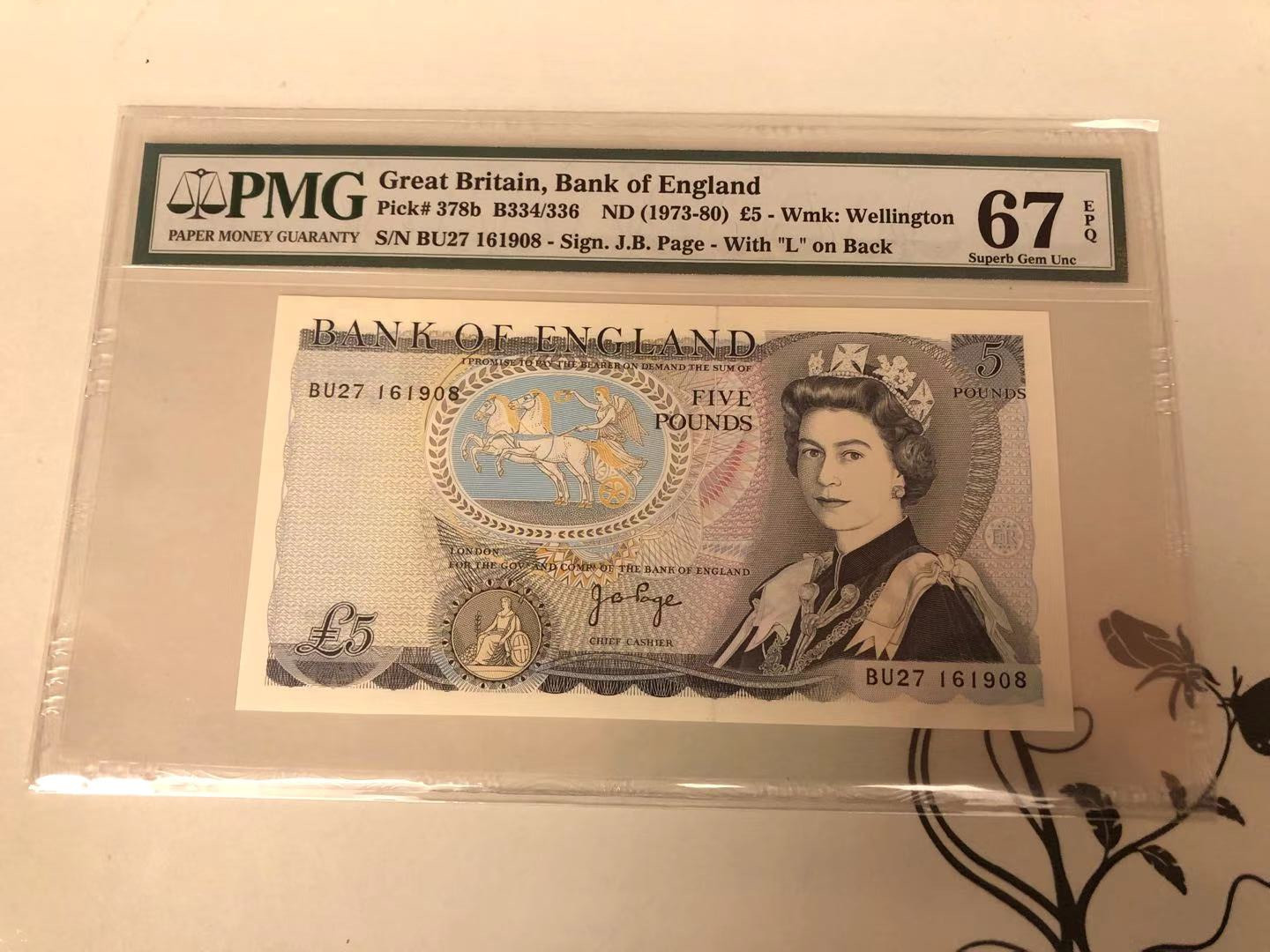 【收藏联盟】第115期拍卖（2020新年第一拍）——黑美人 英国 D序列 1973-80年 5镑 PMG67EPQ page签名