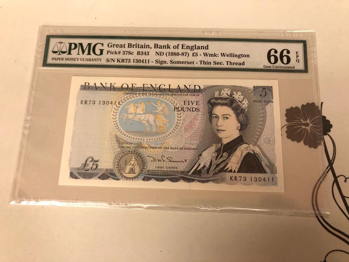 【收藏联盟】第115期拍卖（2020新年第一拍）——黑美人 英国 D序列 1980-87年 5镑 PMG66EPQ  D.H.F Somerset签名