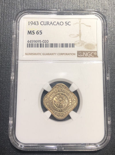 【随心拍&Getcoins】现代钱币拍卖第四十五期 荷属库拉索 1943年第二次世界大战时期5分菱形镍币NGC65