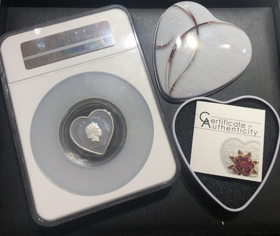 【随心拍&Getcoins】现代钱币拍卖第四十五期 库克2019年情人节系列3镶嵌水晶心形精制纪念银币NGC70早期蓝标