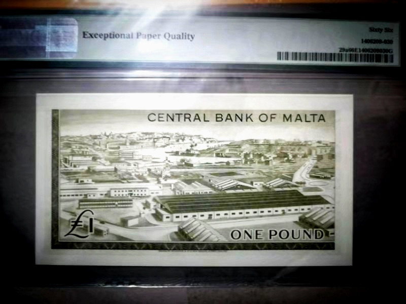 【收藏联盟】第115期拍卖（2020新年第一拍）——黑美人 【A1百位小号】马耳他 1967年 1镑 P29a pmg66EPQ  BWC经典戎装女王