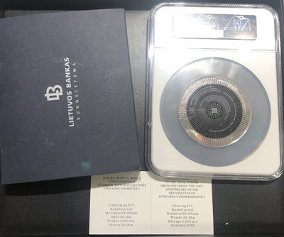 【随心拍&Getcoins】现代钱币拍卖第四十五期 【获奖币】2018年立陶宛建国100周年多层环形精制银币.20欧.NGC69首期蓝标