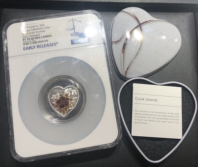 【随心拍&Getcoins】现代钱币拍卖第四十五期 库克2019年情人节系列3镶嵌水晶心形精制纪念银币NGC70早期蓝标
