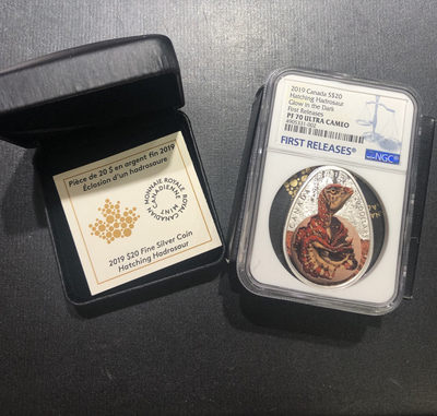 【随心拍&Getcoins】现代钱币拍卖第四十五期 加拿大2019年恐龙蛋系列孵化的鸭嘴龙夜光银币NGC70