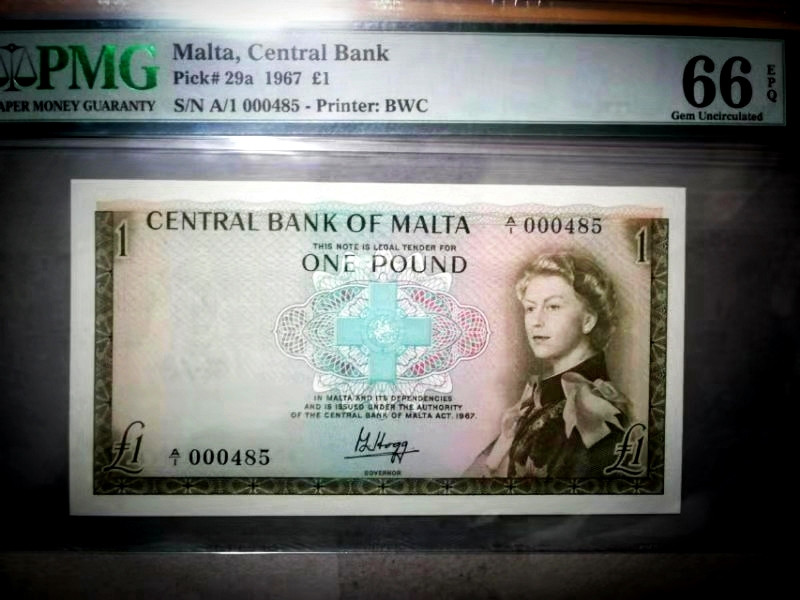 【收藏联盟】第115期拍卖（2020新年第一拍）——黑美人 【A1百位小号】马耳他 1967年 1镑 P29a pmg66EPQ  BWC经典戎装女王