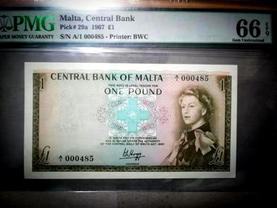 【收藏联盟】第115期拍卖（2020新年第一拍）——黑美人 - 【A1百位小号】马耳他 1967年 1镑 P29a pmg66EPQ  BWC经典戎装女王