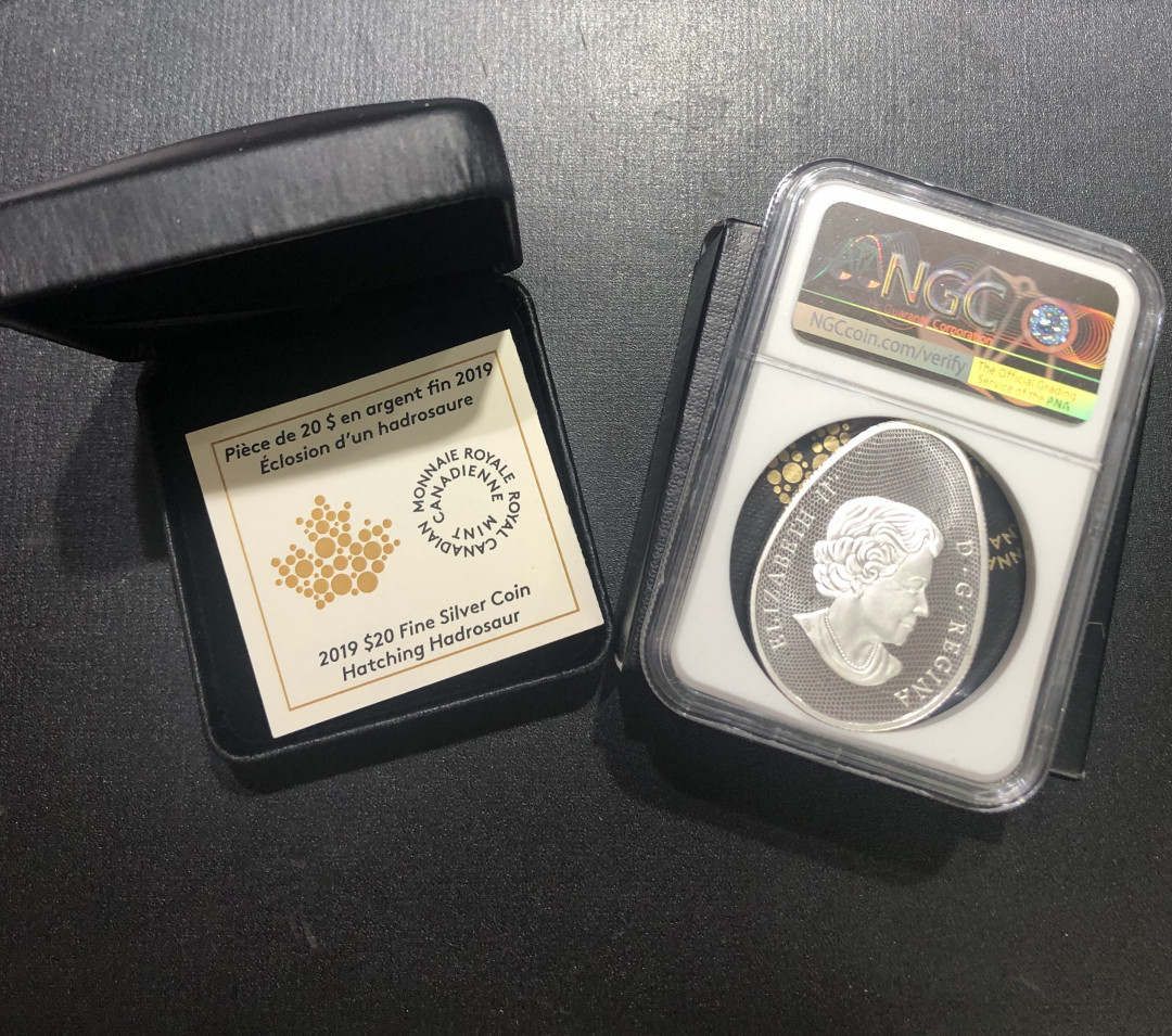 【随心拍&Getcoins】现代钱币拍卖第四十五期 加拿大2019年恐龙蛋系列孵化的鸭嘴龙夜光银币NGC70