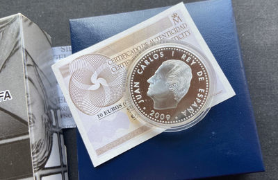 【随心拍&Getcoins】现代钱币拍卖第四十五期 西班牙2009年10欧元，“2010南非世界杯足球赛-球网射门” 法定精制银币