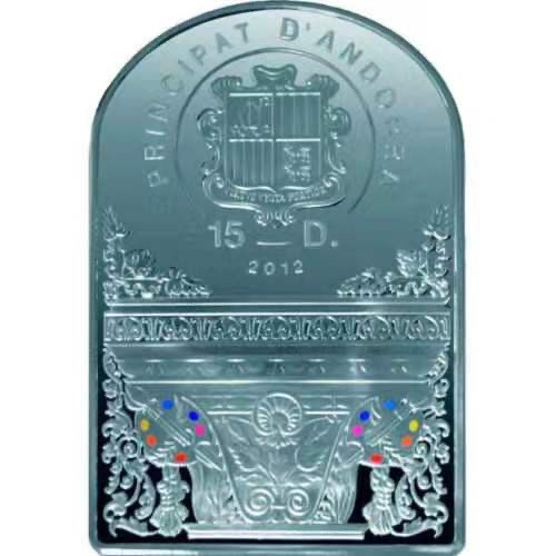 【随心拍&Getcoins】现代钱币拍卖第四十五期 安道尔2012年15元，1.61盎司 《苹果树下的圣母玛丽娅与圣子》 德国文艺复兴画家卢卡斯-克拉纳赫名画，双面高清彩色 异形(窗形) 精制银币